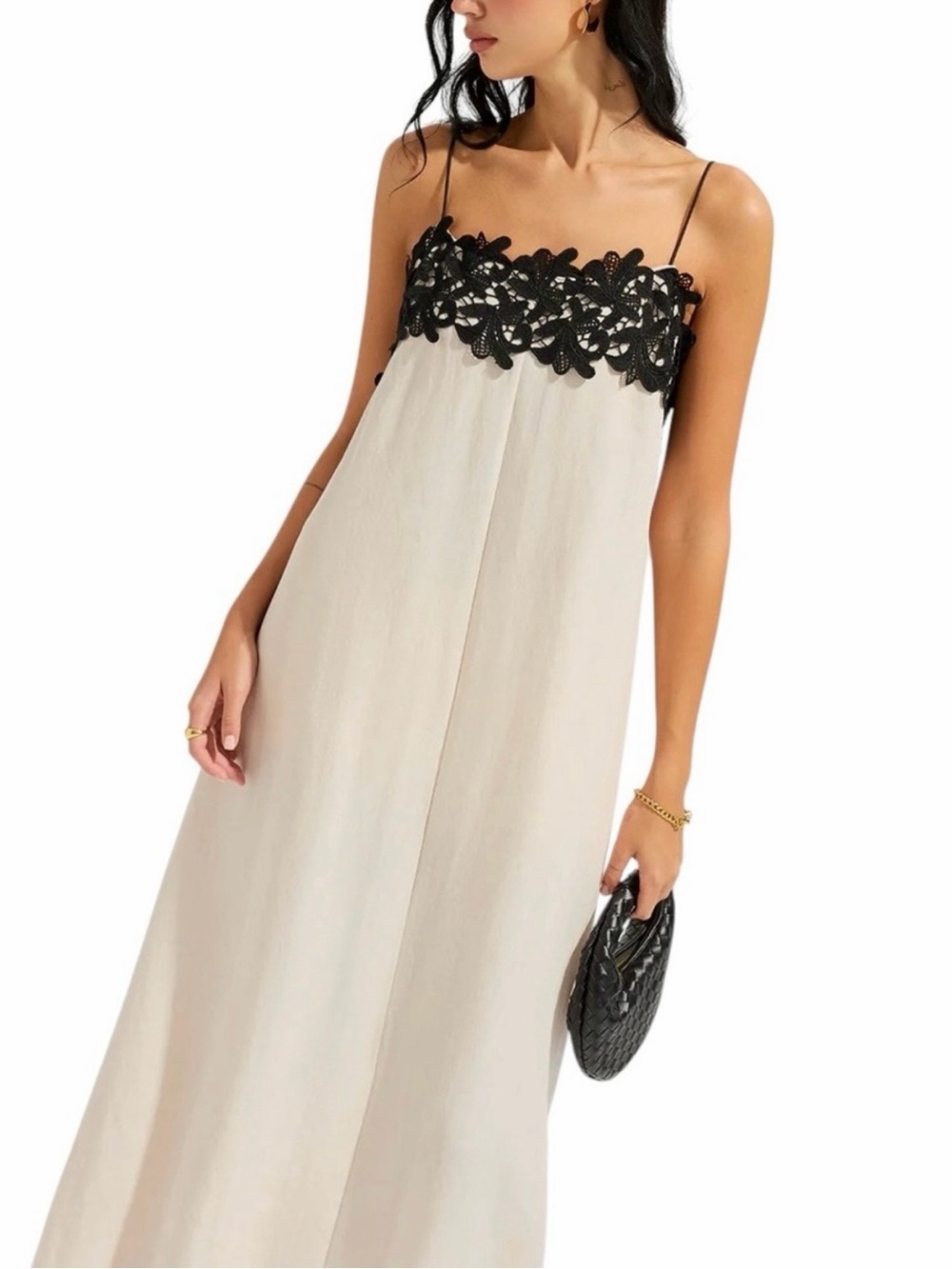 Commense Black Lace Trim Linen Blend Oatmeal Cami Maxi Dress Medium NWT